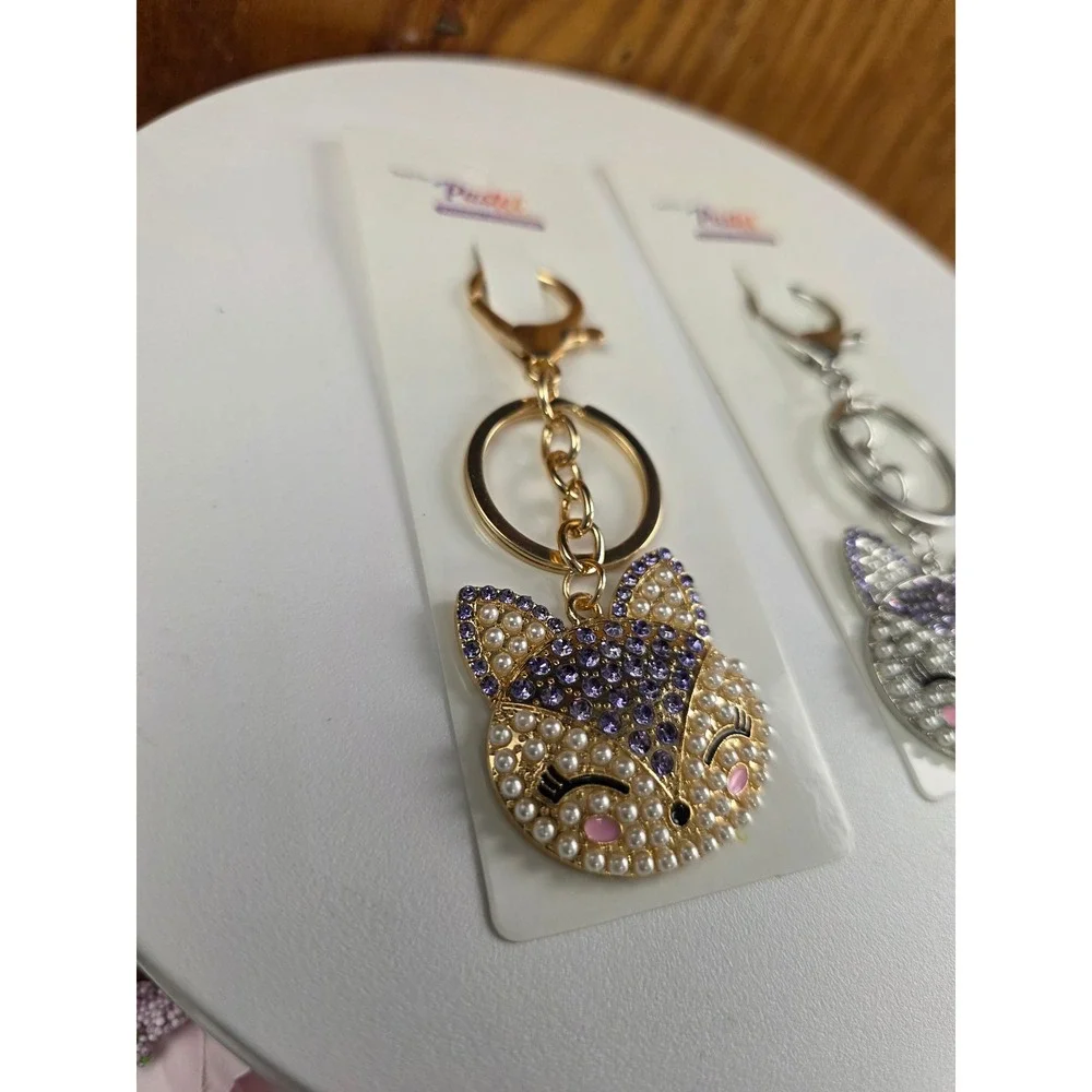 Pastel Collection Fox Bag Charm Key Chain OS Gold Silver NEW Pearl Rhinestone